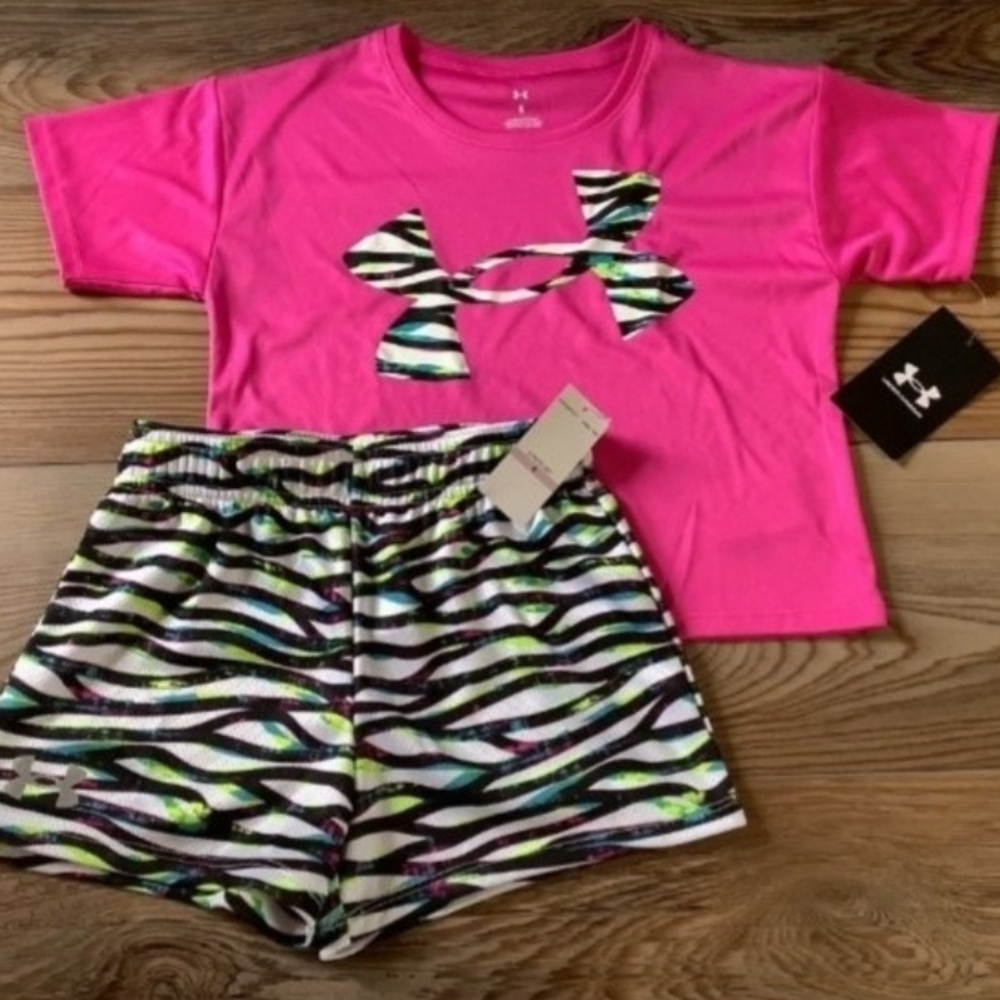 Under Armour Girls Hot Pink Logo Tee & Zebra Print Shorts Set Size 6(NWT)